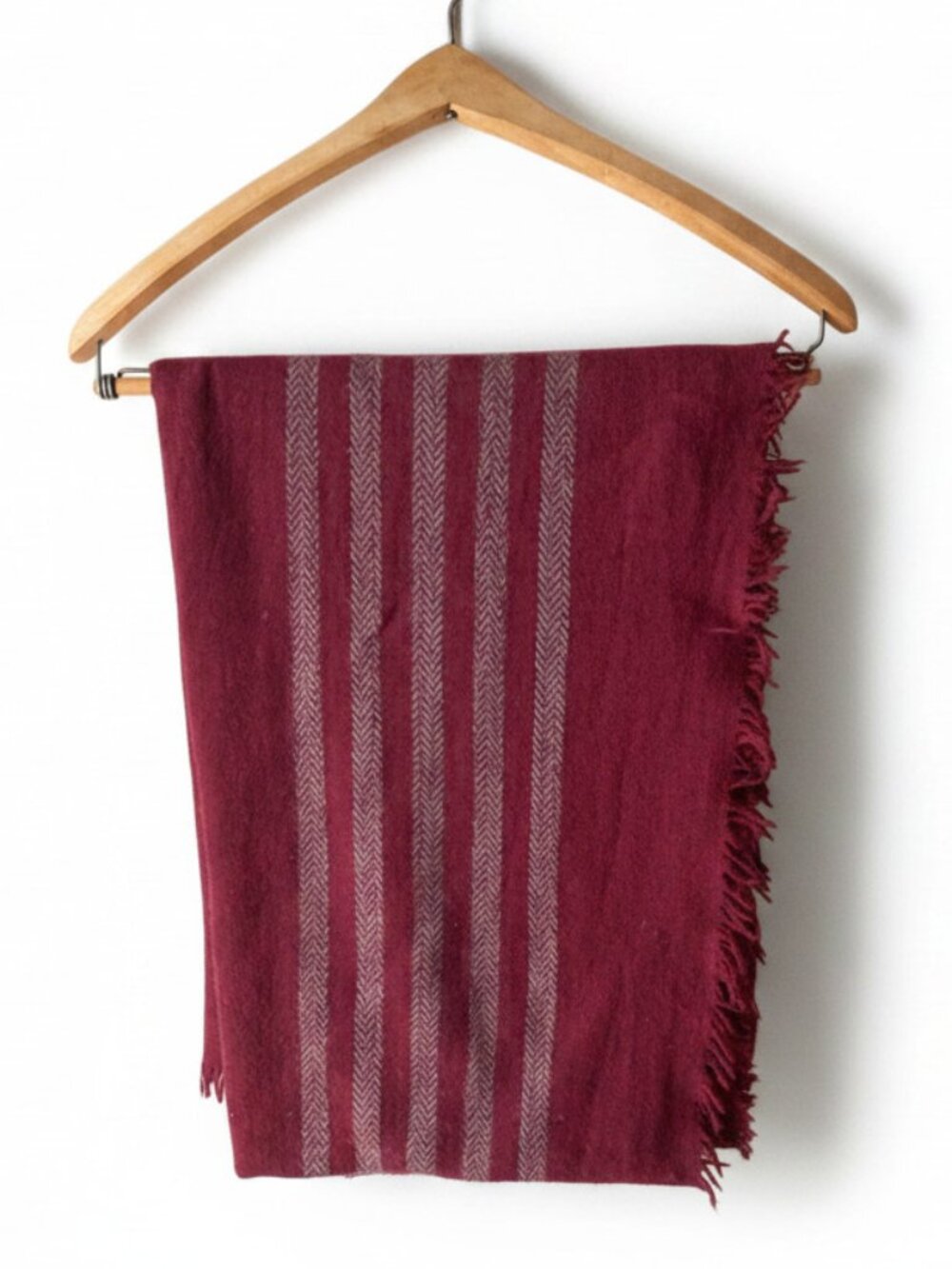 Eileen Fisher Wool Scarf Dark Red with Ivory Partial Plaid Fringed/Raw edge